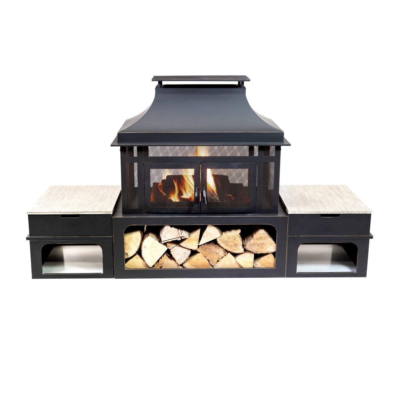 Rimasco 80″ Metal Wood Burner Fireplace with Side Storage Tables | Deko ...