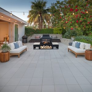 Deko Living 80 Inch Rectangular Outdoor Steel Wood Burning Fireplace with Log Storage, Poker and Side Tables
