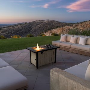 Deko Living 42 Inch Rectangular Outdoor Propane Gas Fire Pit Table 50,000 BTU Heater with Glass Bead Filler and Ice Bucket