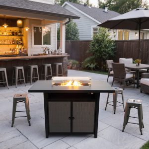 Deko Living 55 Inch Rectangular Outdoor Propane Gas Fire Pit Barstool Table 40,000 BTU with Glass Bead Filler