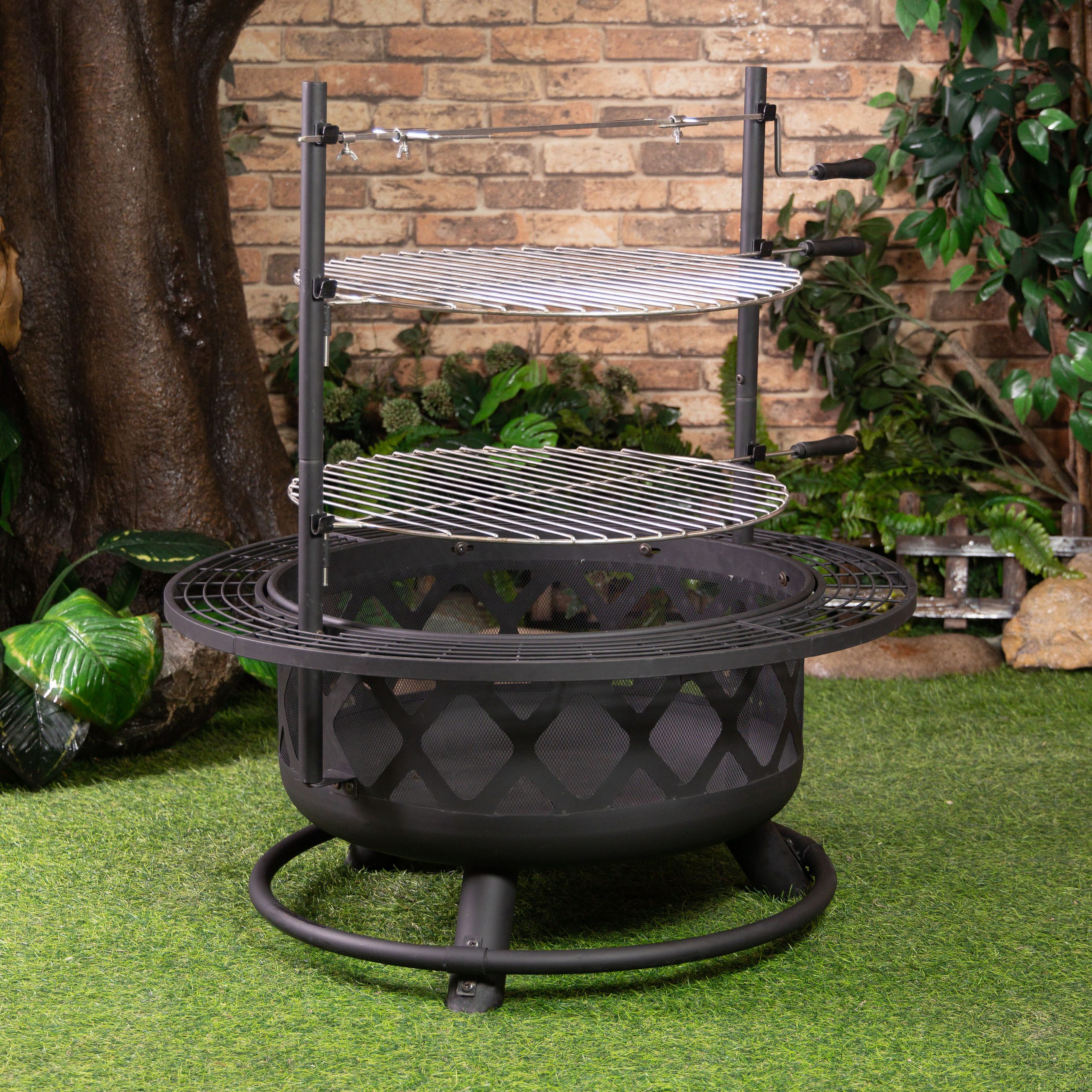 Deko Living 33 Inch Diameter Outdoor Steel Wood Burning Fire Pit with 2 Cooking Grills, Rotisserie and Poker - Image 4