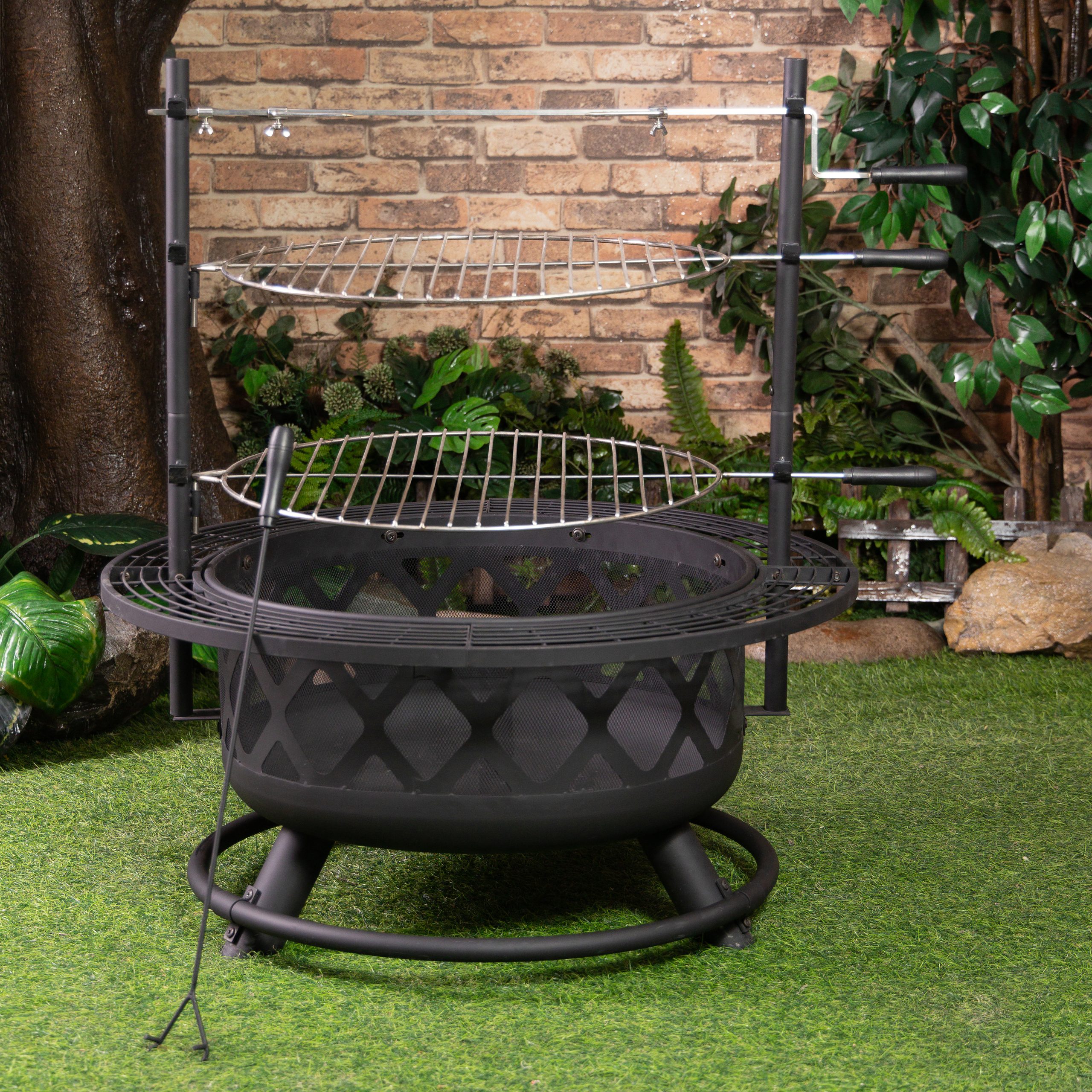 Deko Living 33 Inch Diameter Outdoor Steel Wood Burning Fire Pit with 2 Cooking Grills, Rotisserie and Poker - Image 3