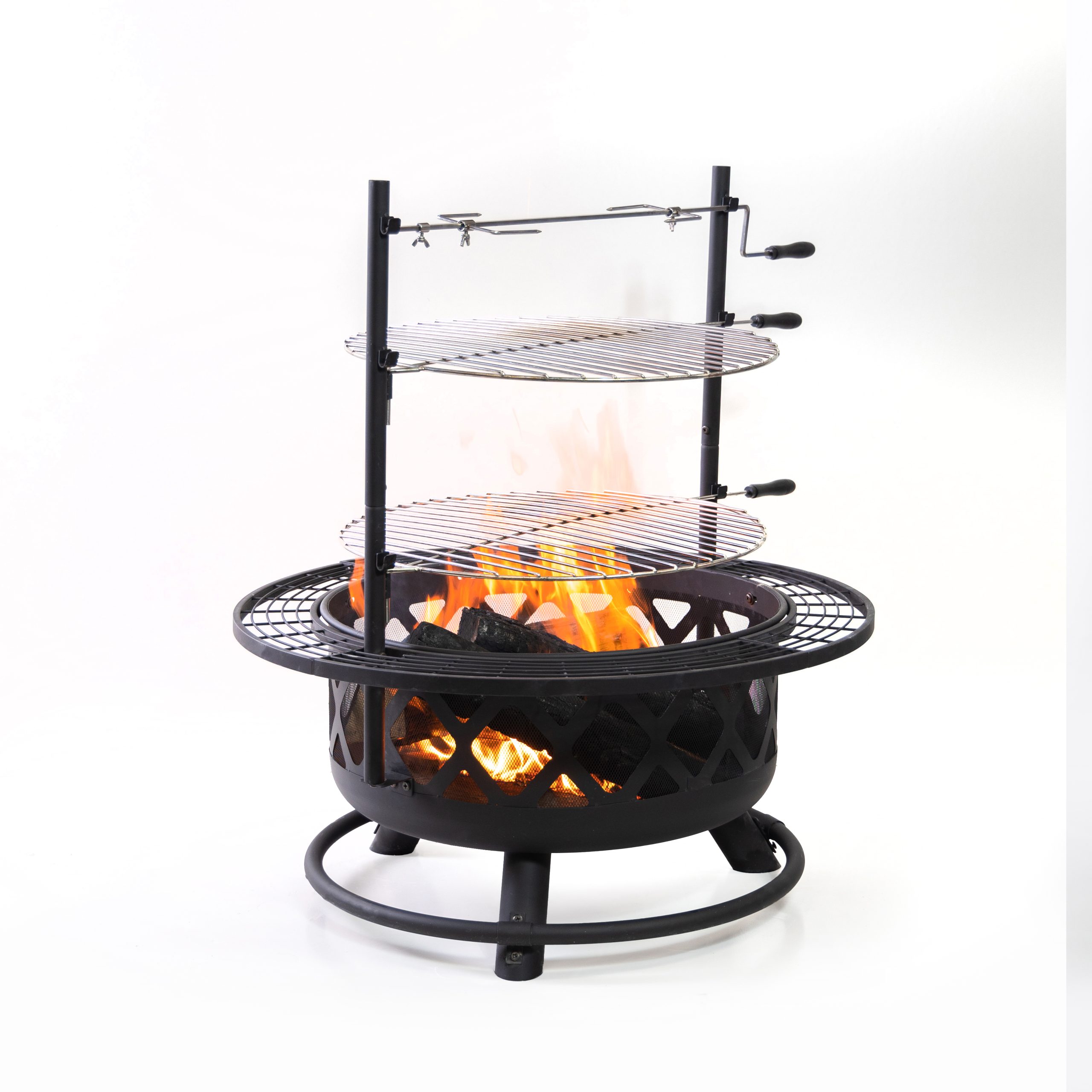 Deko Living 33 Inch Diameter Outdoor Steel Wood Burning Fire Pit with 2 Cooking Grills, Rotisserie and Poker - Image 5