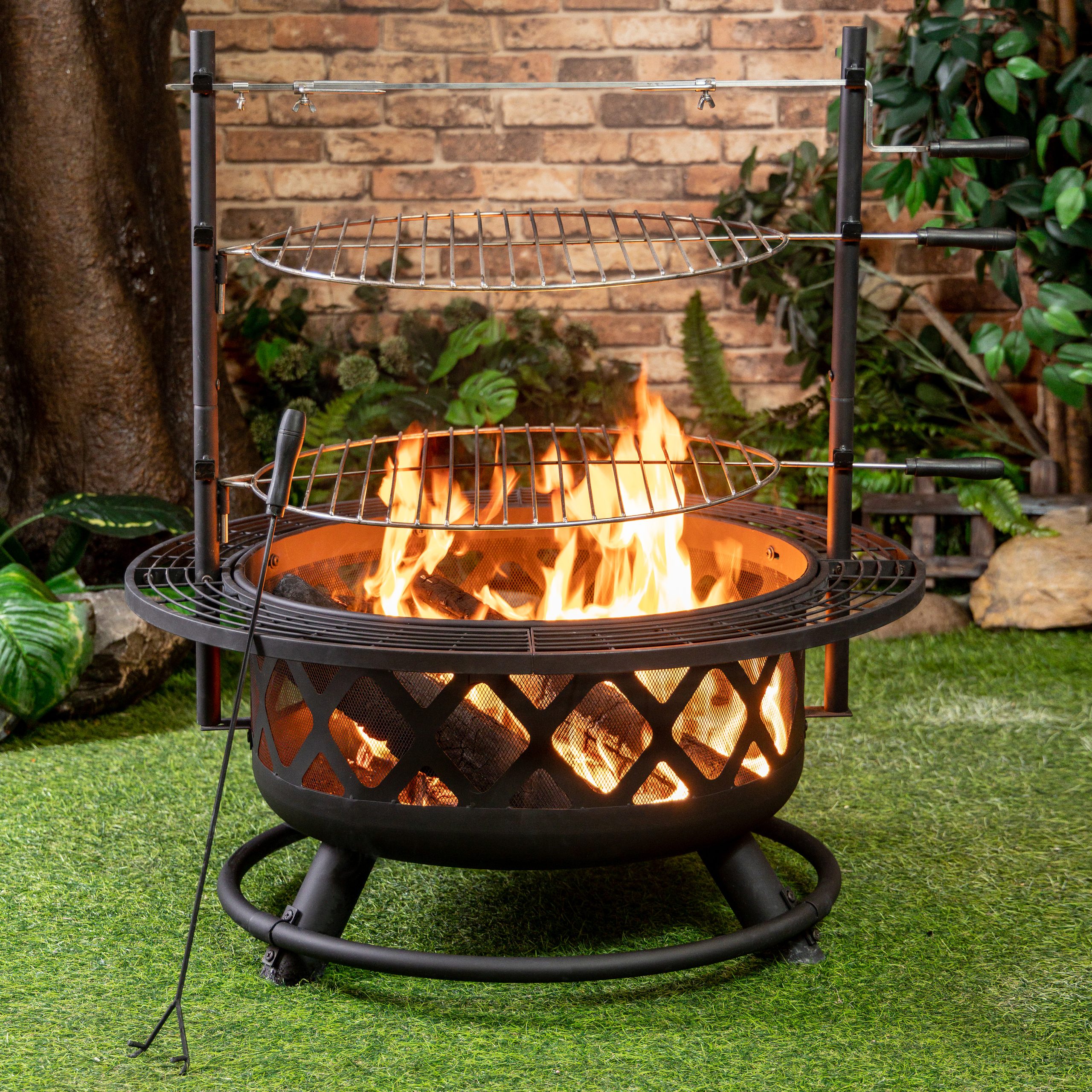 Deko Living 33 Inch Diameter Outdoor Steel Wood Burning Fire Pit with 2 Cooking Grills, Rotisserie and Poker - Image 2