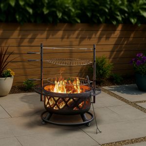 Deko Living 33 Inch Diameter Outdoor Steel Wood Burning Fire Pit with 2 Cooking Grills, Rotisserie and Poker