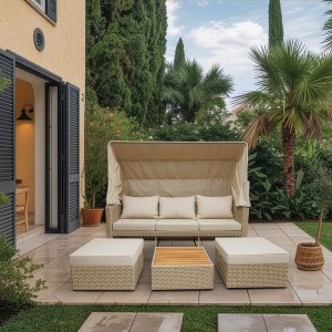 Deko Living 5 Place Seating Outdoor Wicker Patio Couch with Canopy and Ottoman Set with Table