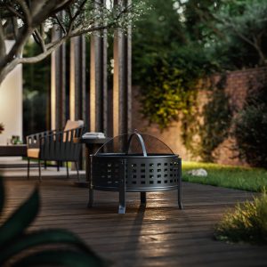 Deko Living 27 Inch Round Outdoor Steel Wood Burning Fire Pit with Cooking Grill and Spark Screen