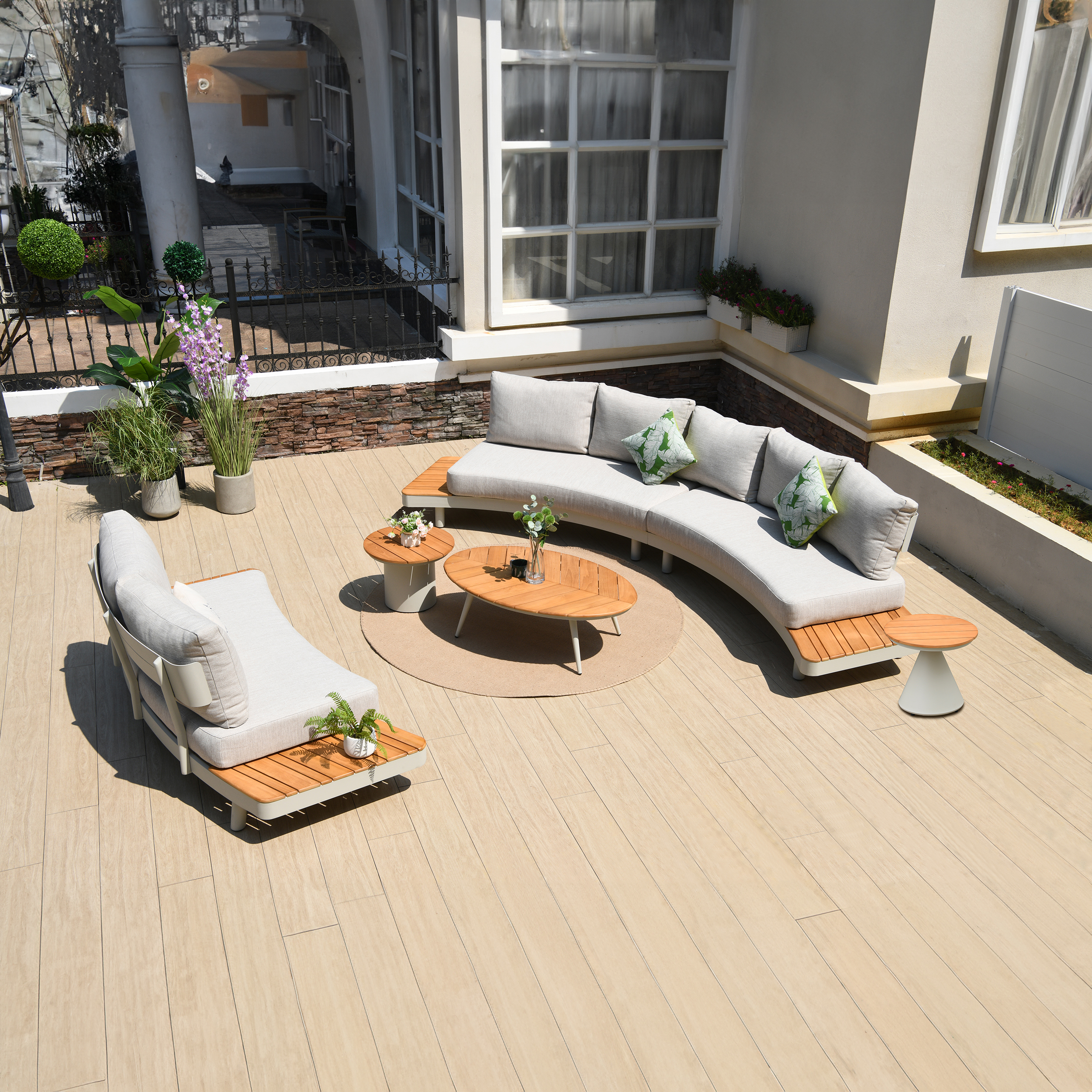 Deko Living 6 Place Seating Outdoor Cream Aluminum and Teak Contour Sofa Set