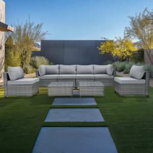 Deko Living 8 Piece Gray Outdoor Sectional Wicker Sofa Chairs and Tables  with Interchangable Blue and Gray Cushion Covers