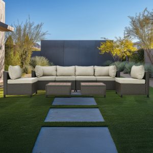 Deko Living 8 Piece Brown Outdoor Sectional Wicker Sofa Chairs and Tables  with Interchangable Beige and Red Cushion Covers COP30011