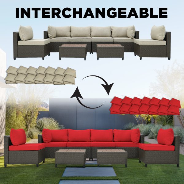 Deko Living 8 Piece Brown Outdoor Sectional Wicker Sofa Chairs and Tables  with Interchangable Beige and Red Cushion Covers COP30011 - Image 3