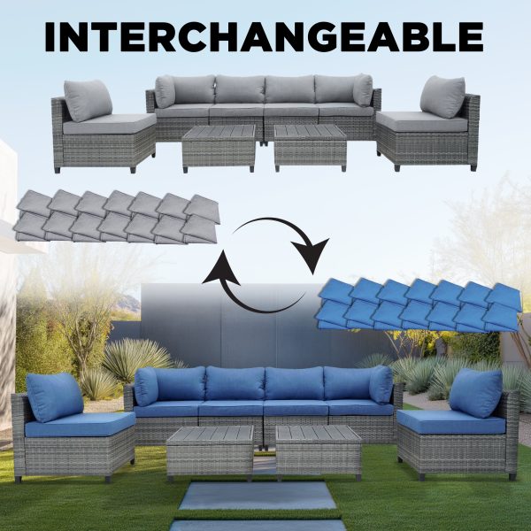 Deko Living 8 Piece Gray Outdoor Sectional Wicker Sofa Chairs and Tables  with Interchangable Blue and Gray Cushion Covers COP30111 - Image 3