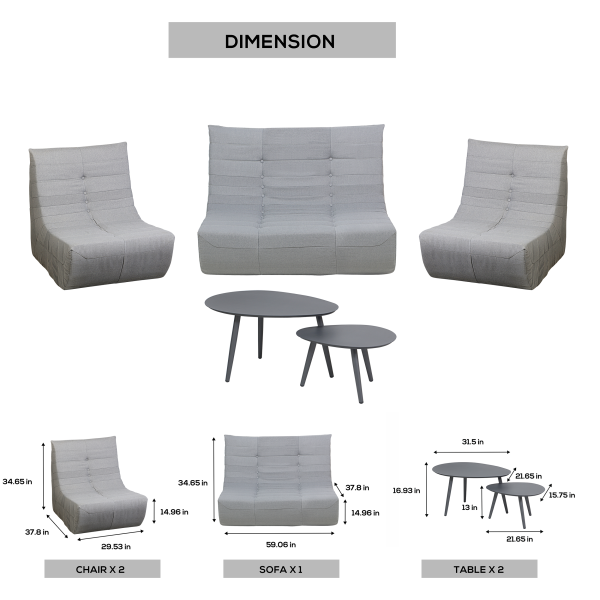 Deko Living 5 Piece Gray Compressed Foam Loveseat Sofa Chairs and Table Set - Image 14
