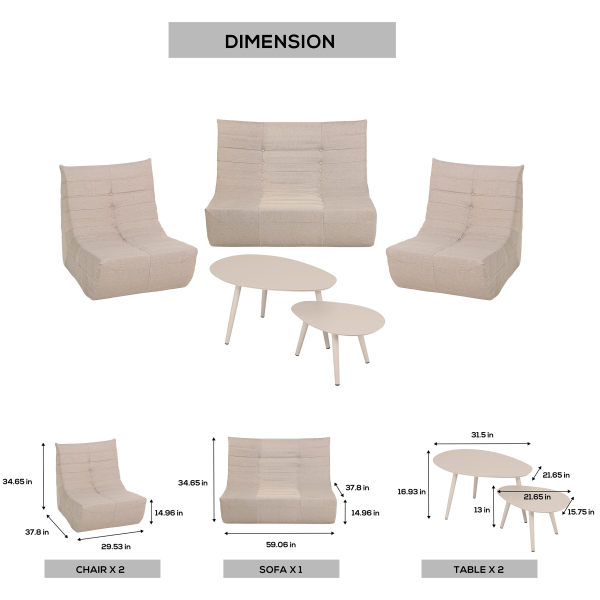 Deko Living 5 Piece Beige Outdoor Compressed Foam Loveseat Sofa Chairs and Table Set • COP30219 - Image 12